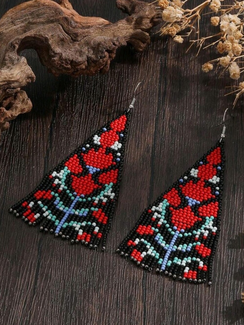 Handcrafted Red and Black Beaded  Earrings